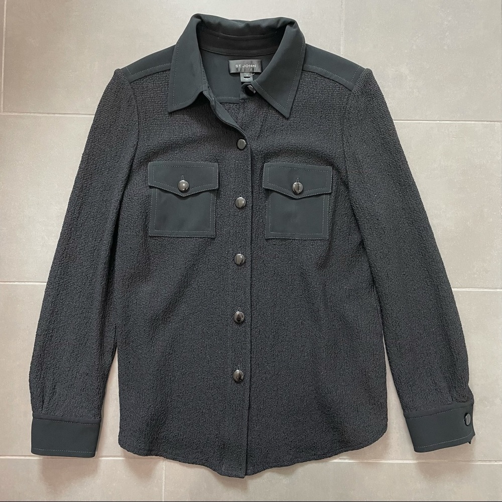 St. John Knit Black Button Down Collared Cardigan Sweater Shirt Jacket